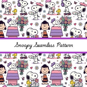 Könnte beinhalten: Nahtloses Muster mit Snoopy und seinen Freunden auf weißem Hintergrund. Snoopy wird mit verschiedenen Accessoires dargestellt, darunter Barett, Kopfhörer und Eis. Das Design umfasst Blumen, Schmetterlinge und den Text "Snoopy Seamless Pattern".