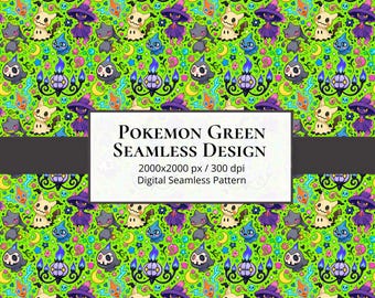 Pokemon Neon Green Ghost Seamless Design | PNG SVG Digital Download | Game Character Clipart
