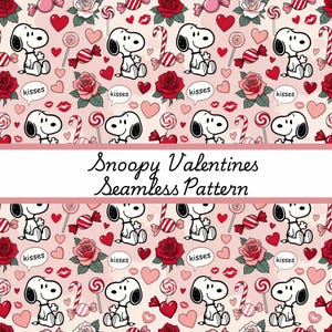 May include: A seamless pattern with Snoopy, hearts, roses, sweets, and the word "kisses" on a pink backdrop. The design includes lollipops, candy canes, and Snoopy in different poses. The text "Snoopy Valentines Seamless Pattern" is displayed.