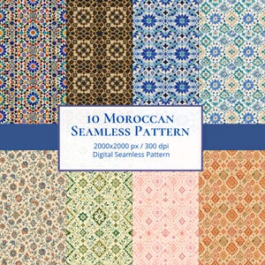 Könnte beinhalten: Eine digitale Sammlung von 10 nahtlosen marokkanischen Mustern mit komplexen geometrischen und floralen Designs in verschiedenen Farbpaletten wie Blau, Braun, Grün, Rosa und Orange. Der Text lautet 10 MOROCCAN SEAMLESS PATTERN 2000x2000 px / 300 dpi.
