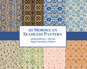 10 Moroccan Seamless Pattern PNG | Arabesque Pattern | Zellige Tile | Islamic Geometric | Digital Paper Pack
