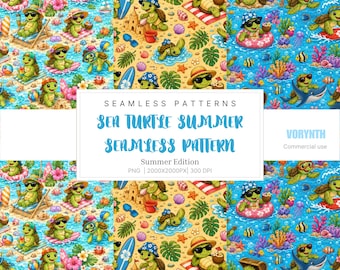 Sea Turtle Seamless Pattern | Watercolor Baby Turtle Design | Coastal Ocean Background | PNG JPG Download