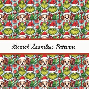 May include: Seamless pattern featuring the Grinch, dogs in Santa hats, Christmas trees, and wrapped gifts. The design is set against a light blue background with red accents. The text "Grinch Seamless Patterns" is displayed in a banner.