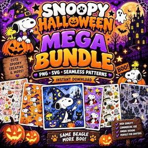May include: A digital graphic bundle featuring Snoopy and Woodstock in Halloween costumes, including pumpkins, ghosts, and a haunted house. Text reads SNOOPY HALLOWEEN MEGA BUNDLE, PNG SVG SEAMLESS PATTERNS, INSTANT DOWNLOAD, CUTE SPOOKY CREATIVE & MORE, SAME BEAGLE MORE BOO, and HIGH QUALITY COMMERCIAL USE.