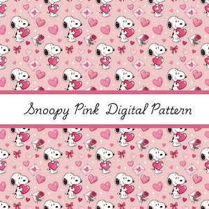 May include: A pink digital pattern featuring Snoopy holding a heart, surrounded by pink hearts, roses, bows, and envelopes. The text "Snoopy Pink Digital Pattern" is displayed on a white banner across the image.