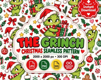 The Grinch Christmas | Whoville Seamless Pattern | Merry Holiday Presents | Fabric Digital Paper PNG