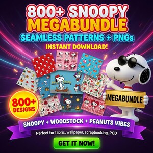 May include: A promotional image for a Snoopy mega bundle featuring 800+ designs of seamless patterns and PNGs. The image includes Snoopy wearing sunglasses, holding a sign that says "MEGABUNDLE". The text reads "Snoopy + Woodstock + Peanuts Vibes".