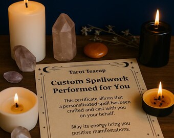 Może przedstawiać: Układ świec, kryształów i certyfikatu. Na certyfikacie widnieje napis "Custom Spellwork Performed for You" oraz "May its energy bring you positive manifestations". Scena rozgrywa się na ciemnoniebieskim tle.