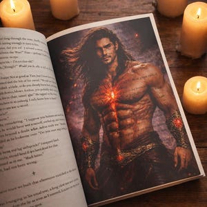 Peut inclure: Un livre ouvert avec une illustration fantastique d'un homme musclé aux longs cheveux noirs, orné d'accents rouges brillants. Des bougies allumées entourent le livre sur une surface en bois, créant une ambiance chaleureuse.