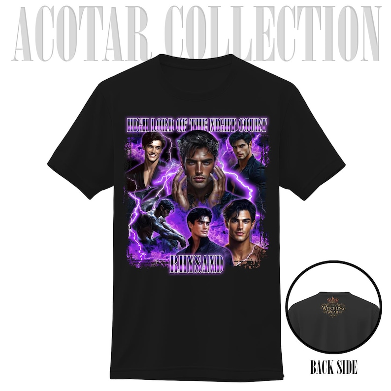 May include: Black t-shirt featuring a graphic design with the text "HIGH LORD OF THE NIGHT COURT" and the name "RHYSAND". The design includes multiple images of a man with purple lightning effects. The back of the shirt is also visible.