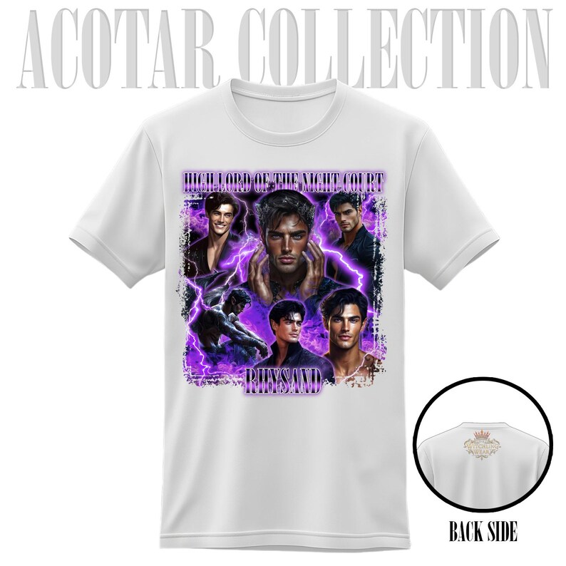 May include: White t-shirt featuring a collage of images with the text "HIGH LORD OF THE NIGHT COURT" and "RHYSAND" in purple. The back of the shirt has a small graphic and the words "BACK SIDE".