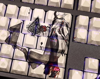 Juego de teclas de 108 teclas PBT con sublimación de tinta color carmesí arlequín / Teclas retroiluminadas para juegos inspiradas en el anime para teclados mecánicos ANSI 61, 87, 104 y 108