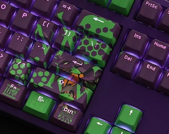 Juego de 108 teclas Neon Mecha / Teclas PBT estilo anime en morado y verde para teclados mecánicos y teclas para juegos