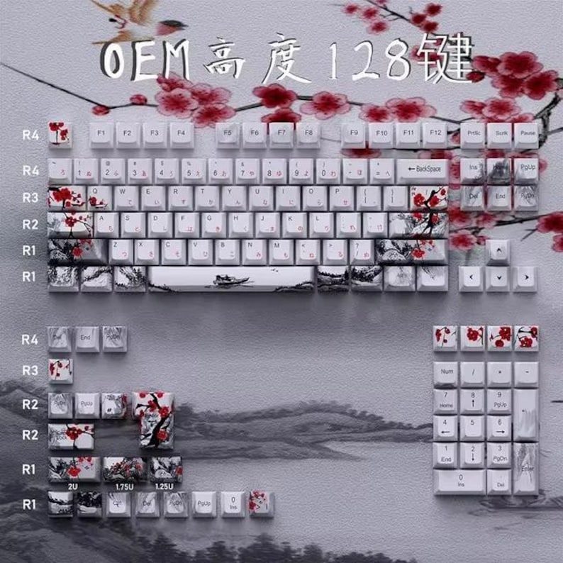 128 Keys Plum Blossom PBT Keycaps OEM Profile – Custom Dye Keys for 61 ...