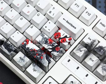 Teclas PBT Plum Blossom de 128 teclas, perfil OEM, teclas teñidas personalizadas para diseños de 61/68/75/87/104 en japonés, coreano, ruso, francés, español y alemán.