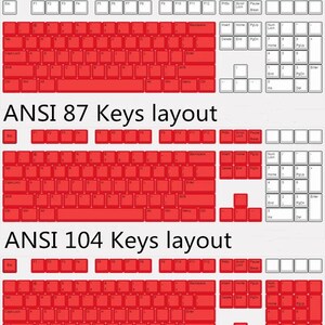 Op de afbeelding: Diagram van drie ANSI-toetsenbordindelingen: 61 toetsen, 87 toetsen en 104 toetsen. De toetsen zijn rood, met witte toetsen voor functietoetsen en numeriek toetsenbord. De indelingen zijn gelabeld met het aantal toetsen.