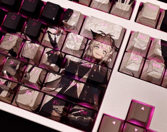 Juego de teclas PBT de 108 teclas con sublimación de tinta Silver Wolf / Teclas con perfil de cereza retroiluminadas y elegantes inspiradas en anime para teclados mecánicos ANSI