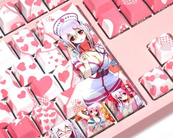 Juego de 108 teclas PBT de 5 lados con sublimación de tinta rosa Idol Gamer, teclas con perfil de cereza con temática de chica anime linda para teclas de teclado ANSI 61 87 104 108.