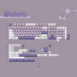 May include: A disassembled keyboard with keycaps in shades of purple and white, arranged on a lavender background. The word "Wisteria" is displayed at the top. The keycaps are in various sizes and shapes, with Japanese characters on some.