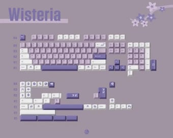 Juego de teclas PBT Wisteria de alta gama / Perfil Cherry, sublimación de tinta de 5 lados / Para diseños MX de 64/68/96/98 teclas / Teclas para juegos Opaque Legends.