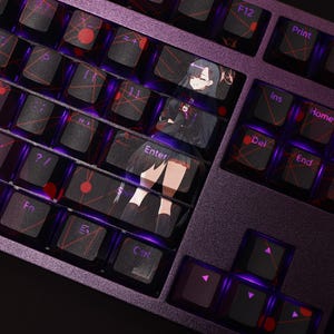 Può includere: Primo piano di una tastiera meccanica viola con tasti personalizzati. I tasti presentano illustrazioni in stile anime e motivi geometrici rossi. La tastiera ha una retroilluminazione viola e il tasto Invio mostra un personaggio anime.