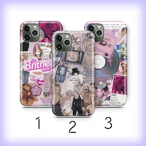 May include: Three smartphone cases featuring collage-style graphics of Britney Spears. The designs include various photographs, the text 'It's Britney bitch!', 'TOXIC', and imagery of cassette tapes and CDs. Each case has a triple-lens camera cutout.