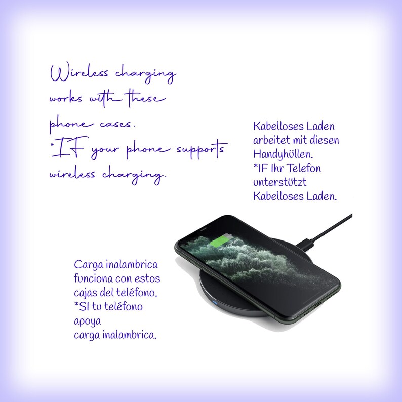 May include: A black smartphone resting on a circular wireless charging pad. The screen displays a green battery icon. Text in English states: Wireless charging works with these phone cases. IF your phone supports wireless charging.