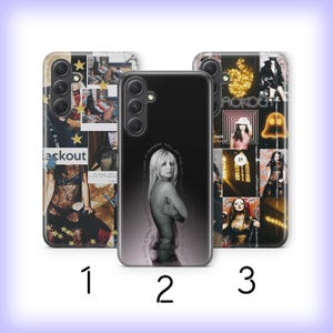 May include: Three smartphone cases featuring collage designs. The left and right cases display multiple photographic images, text, and graphic elements. The centre case features a black and white portrait of a person with text curving around the figure.