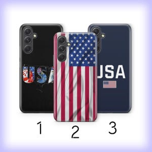 May include: Three smartphone cases with American-themed designs. Case 1 is black with a map outline and USA text. Case 2 features the American flag. Case 3 is navy blue with white USA text and a small American flag icon. Each case has camera cutouts.