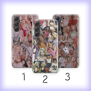 May include: Three rectangular smartphone cases featuring a collage of various photographs of a blonde woman. Each case displays a unique arrangement of images, including portraits and candid shots, with a camera lens cutout on the upper left side.