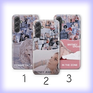 May include: Three rectangular smartphone cases featuring collage designs of Britney Spears. Case 1 is labelled FEMME FATALE, case 2 is labelled BRITNEY JEAN, and case 3 is labelled BRITNEY SPEARS IN THE ZONE. Each case has a camera cutout on the top left.