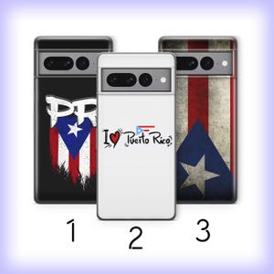 May include: Three smartphone cases featuring Puerto Rican themes. Case 1 is black with a distressed Puerto Rican flag and the letters PR. Case 2 is white with the text I heart Puerto Rico and a small flag. Case 3 features a full-size distressed flag.
