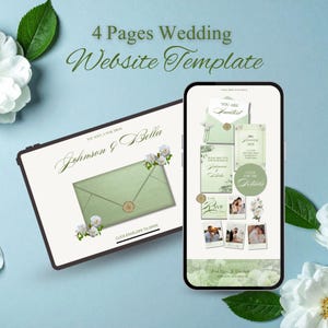 Modelo de site de casamento verde sálvia com RSVP, modelo de site Canva fácil de editar (download digital)