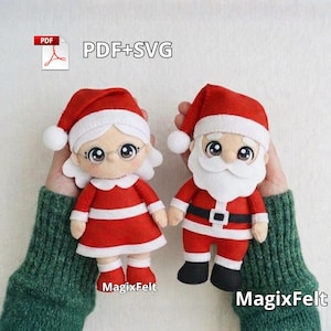 May include: Two felt Christmas ornaments: a Santa Claus and Mrs. Claus. Both figures wear red outfits with white trim and matching hats. The Santa has a white beard and black belt. The Mrs. Claus has glasses and white hair. The text "PDF+SVG" is in the top left.