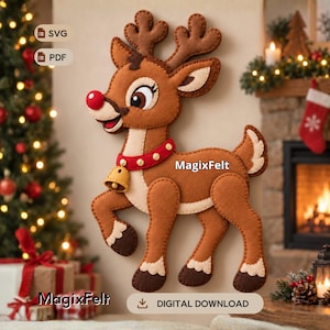 May include: A brown felt reindeer wall decoration featuring a bright red nose, a red collar with gold accents, and a small gold bell. The design includes the text MagixFelt, SVG, PDF, and DIGITAL DOWNLOAD. The reindeer has cream-colored accents.