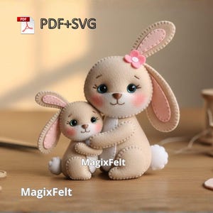 Handgemaakt vilten konijn, moeder en baby – zachte babykamerdecoratie