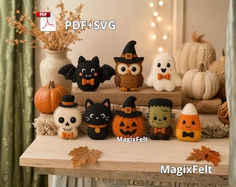 Könnte beinhalten: Eine Sammlung von acht Halloween-Anhängern aus Filz, darunter eine schwarze Fledermaus, eine Eule mit Hexenhut, ein weißes Gespenst, ein Totenkopf mit Zylinder, eine schwarze Katze, ein Kürbis, ein grünes Monster und ein Zuckermais-Bonbon.
