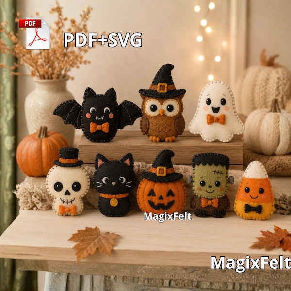 Halloween Felt Sewing Pattern Bundle (PDF+SVG) – Bat, Owl, Ghost, Pumpkin, Skeleton, Candy Corn