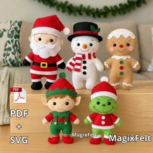 Mönsterpaket med julfiltdocka - tomten, Grinchen, snögubben, älvan och pepparkakor PDF