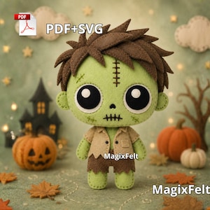 Peut inclure: Une poupée zombie en feutrine avec une peau vert clair, des cheveux brun foncé et de grands yeux noirs. La poupée porte une chemise beige et un short marron, avec des détails cousus sur le front et la bouche. Texte PDF+SVG et MagixFelt.