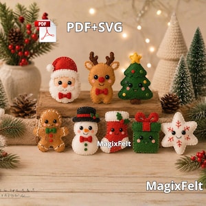 May include: A set of eight felt Christmas ornaments including Santa Claus, a reindeer, a green tree, a gingerbread person, a snowman, a red stocking, a green gift box, and a white star, with PDF+SVG and MagixFelt text visible in the image.