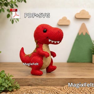 May include: A red felt dinosaur plush toy with a tan belly, brown back spikes, and white teeth. The toy features black button eyes and visible stitching along the edges. The text PDF+SVG and MagixFelt are visible in the image.
