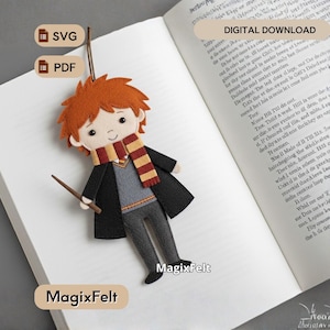 May include: A felt bookmark shaped like a cartoon character with orange hair, wearing a black robe, gray sweater, and a yellow and red striped scarf. The character holds a brown wand. Text includes SVG, PDF, DIGITAL DOWNLOAD, and MagixFelt.