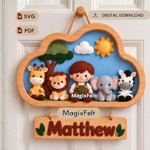 Patrón de fieltro de animales de safari en PDF y SVG / Jirafa, león, elefante, cebra: decoración de pared para habitación infantil / Patrón de animales de fieltro para manualidades / Manualidades para la habitación de los niños