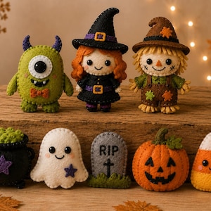 May include: A collection of felt Halloween ornaments including a green one-eyed monster, a witch, a scarecrow, a black cauldron with green contents, a white ghost, a gray tombstone with RIP text, an orange jack-o'-lantern, and candy corn.