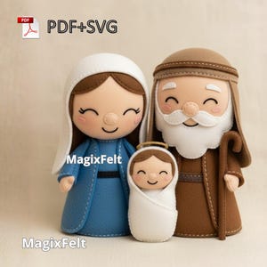 Patrón de fieltro para un belén artesanal de fieltro: María, José y el Niño Jesús.