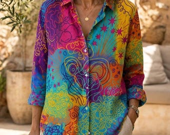 Abstract Art Long Sleeve Shirt for Women, Colorful Psychedelic Button Up Blouse