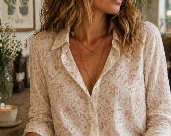 Vintage Floral Women Blouse Shirt, Cottagecore Button Up Top, Vintage Rose Women Shirt, Casual Boho Long Sleeve Shirt, Gift For Her