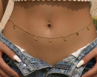 Moon Star Waist Chain, Dainty Celestial Belly Chain, Minimalist Body Chain for Women, Boho Summer Beach Jewelry, Y2K Accessory, Gift for Her