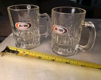 Vintage A&W Root Beer Mini Glass Mugs Set of 2 Soda Advertising Barware 3.25 Inc